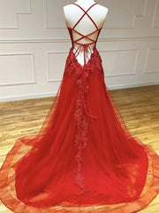 Formal Dress Stores, Backless Red Lace Prom Dresses, Open Back Red Lace Formal Evening Dresses