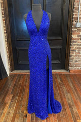 Winter Formal Dress, Backless Royal Blue Sequin Prom Gown with Slit,Formal Dress with Sequins