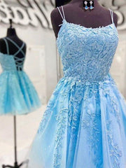 Backless Dress, Backless Short Blue Lace Prom Dresses, Open Back Short Blue Lace Formal Graduation Dresses