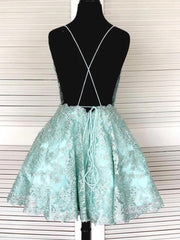 Bridesmaid Dress Website, Backless Short Mint Green Lace Prom with Straps,Graduation Homecoming Dresses