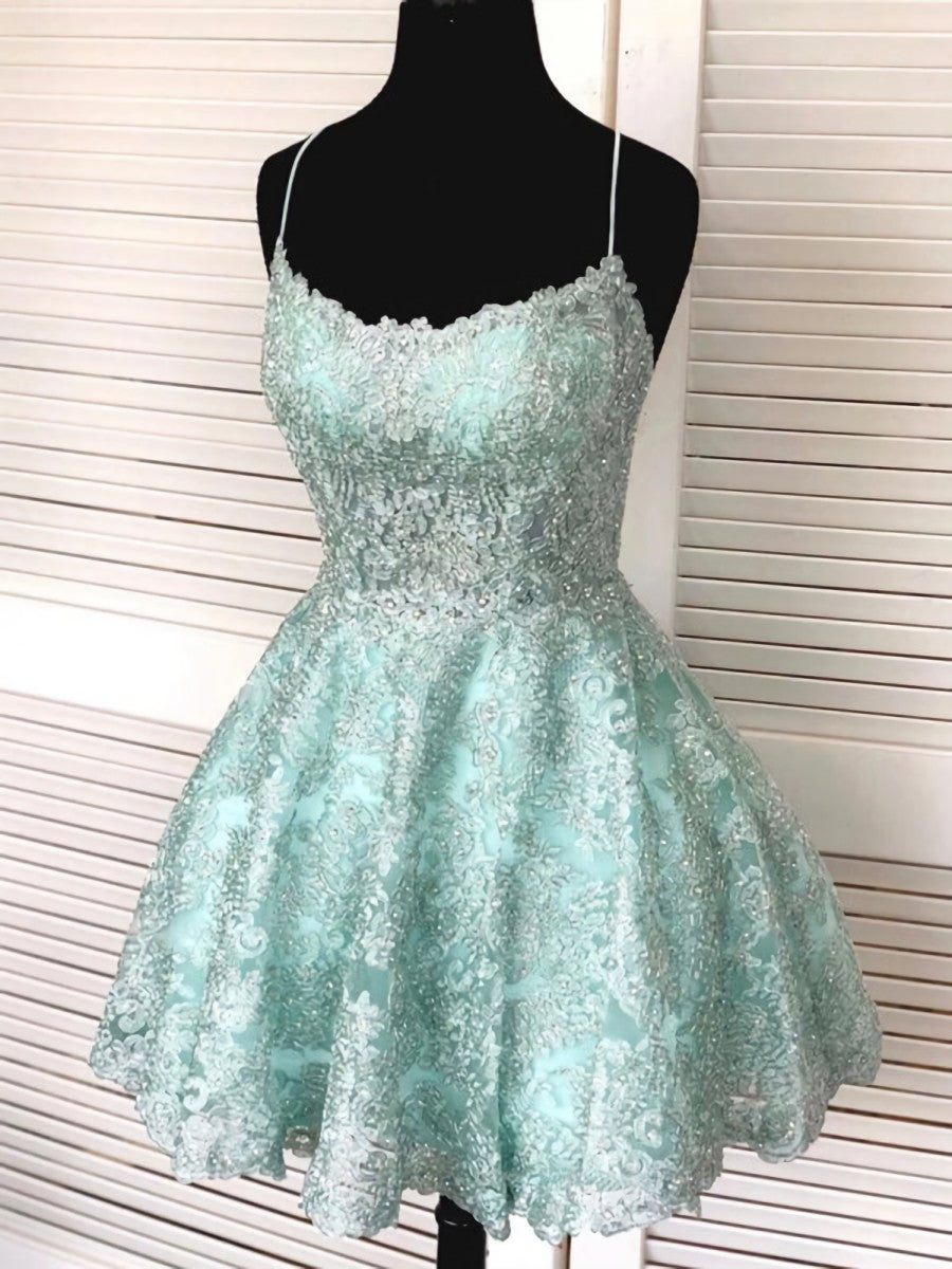 Bridesmaid Dresses Websites, Backless Short Mint Green Lace Prom with Straps,Graduation Homecoming Dresses