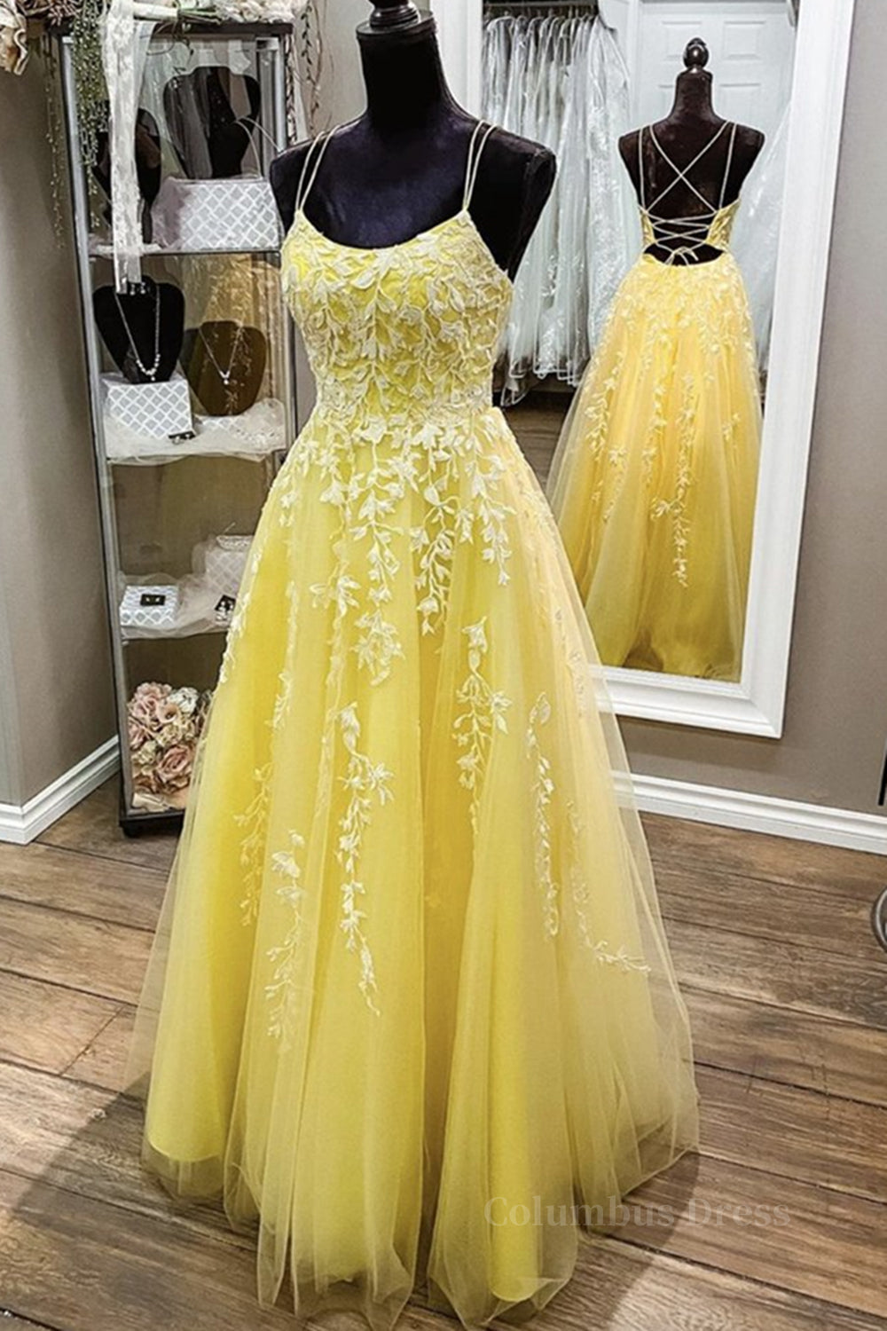 Formal Dresses For Weddings Near Me, Backless Yellow Lace Long Prom Dress, Long Yellow Lace Formal Dress, Yellow Evening Dress