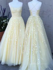 Flower Girl Dress, Backless Yellow Tulle Long Lace Prom Dresses, Open Back Yellow Lace Formal Evening Dresses