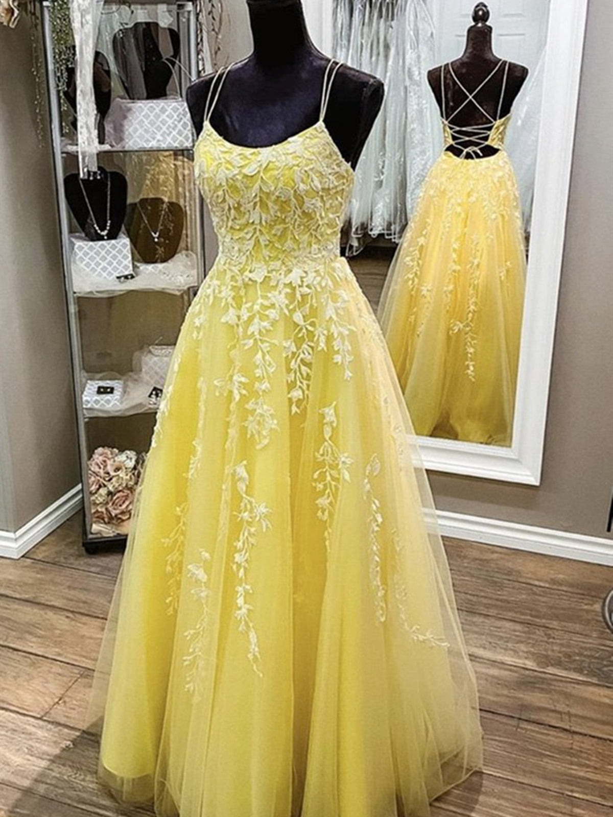 Prom Dressed 2023, Backless Yellow Lace Formal Prom Dresses