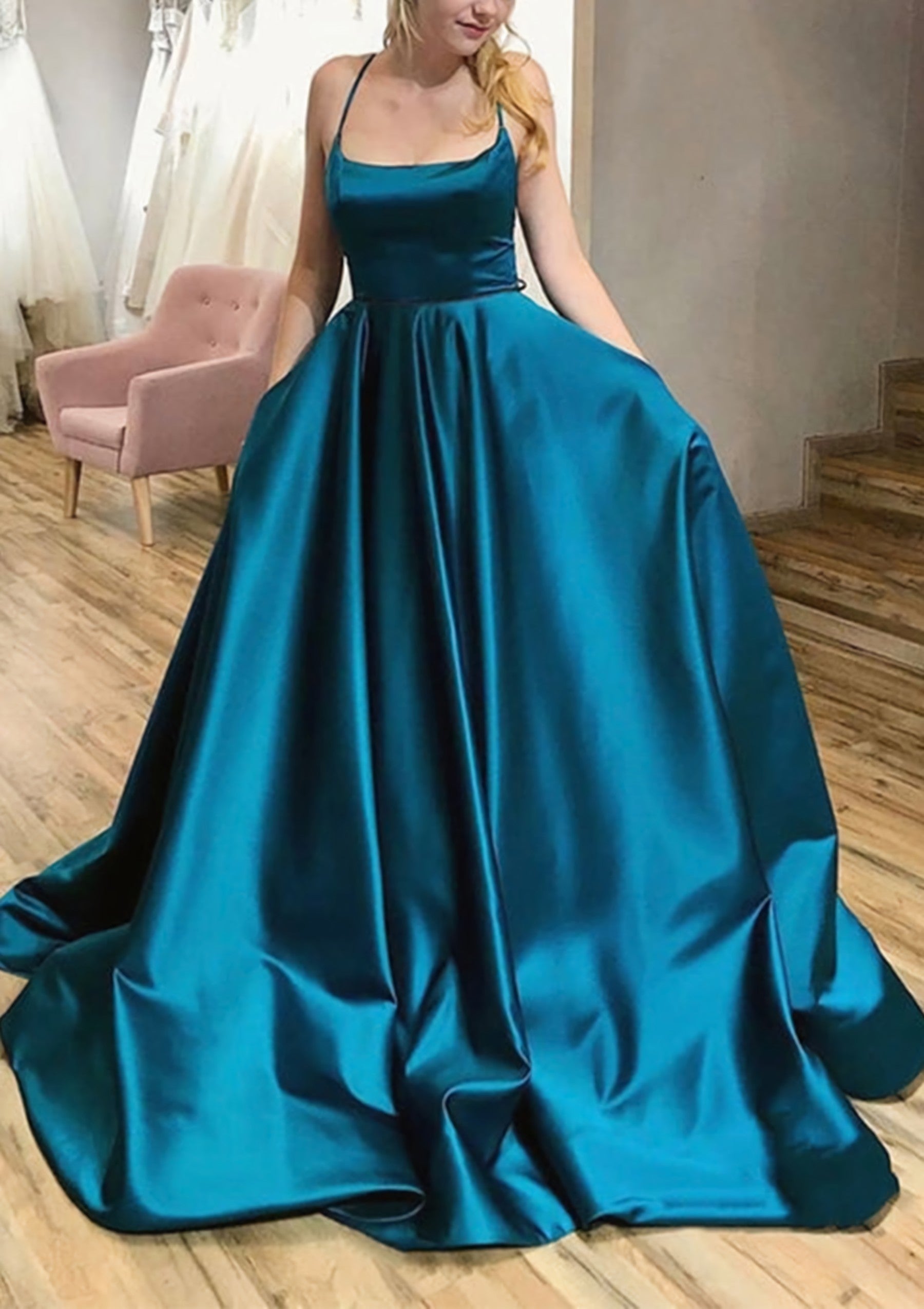 Formal Dress For Sale, Ball Gown A-line Square Neckline Spaghetti Straps Sweep Train Satin Prom Dress With Pleated Pockets