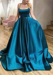 Formal Dress For Sale, Ball Gown A-line Square Neckline Spaghetti Straps Sweep Train Satin Prom Dress With Pleated Pockets