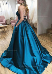 Formal Dresses For Sale, Ball Gown A-line Square Neckline Spaghetti Straps Sweep Train Satin Prom Dress With Pleated Pockets