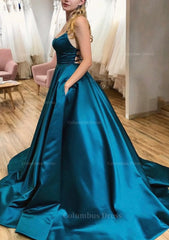 Formal Dresses Gown, Ball Gown A-line Square Neckline Spaghetti Straps Sweep Train Satin Prom Dress With Pleated Pockets