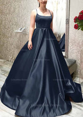 Formal Dress Gowns, Ball Gown A-line Square Neckline Spaghetti Straps Sweep Train Satin Prom Dress With Pleated Pockets