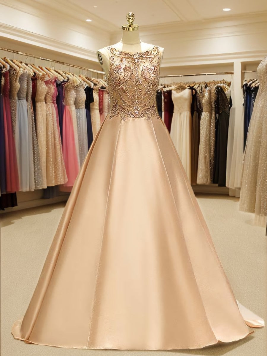 Bridesmaid Dress Online, Ball-Gown Bateau Beading Sweep Train Satin Dress
