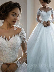 Wedding Dresses Girl, Ball Gown Bateau Court Train Tulle Wedding Dresses With Appliques Lace
