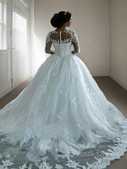Wedding Dress Strap, Ball Gown Bateau Court Train Tulle Wedding Dresses With Appliques Lace