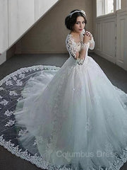 Wedding Dresses Straps, Ball Gown Bateau Court Train Tulle Wedding Dresses With Appliques Lace