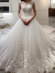 Wedding Dress Sleeves Lace, Ball Gown Bateau Court Train Tulle Wedding Dresses With Appliques Lace