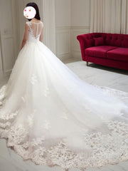 Wedding Dresses Sleeve Lace, Ball Gown Bateau Court Train Tulle Wedding Dresses With Appliques Lace