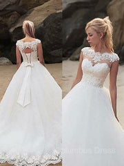 Wedding Dresses Fitted, Ball Gown Bateau Court Train Tulle Wedding Dresses With Belt/Sash