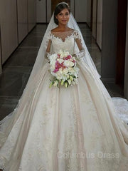 Wedding Dress For Over 56, Ball Gown Bateau Sweep Train Satin Wedding Dresses With Appliques Lace