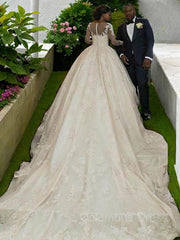Wedding Dress Off The Shoulder, Ball Gown Bateau Sweep Train Satin Wedding Dresses With Appliques Lace