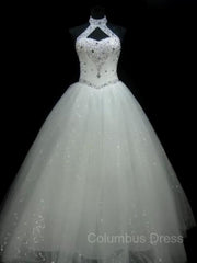 Weddings Dress Styles, Ball Gown Halter Floor-Length Tulle Wedding Dresses With Beading