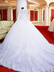 Wedding Dresses Beautiful, Ball-Gown High Neck Long Sleeves Lace Chapel Train Tulle Wedding Dress