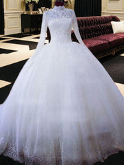 Wedding Dresses For Bridesmaids, Ball-Gown High Neck Long Sleeves Lace Chapel Train Tulle Wedding Dress