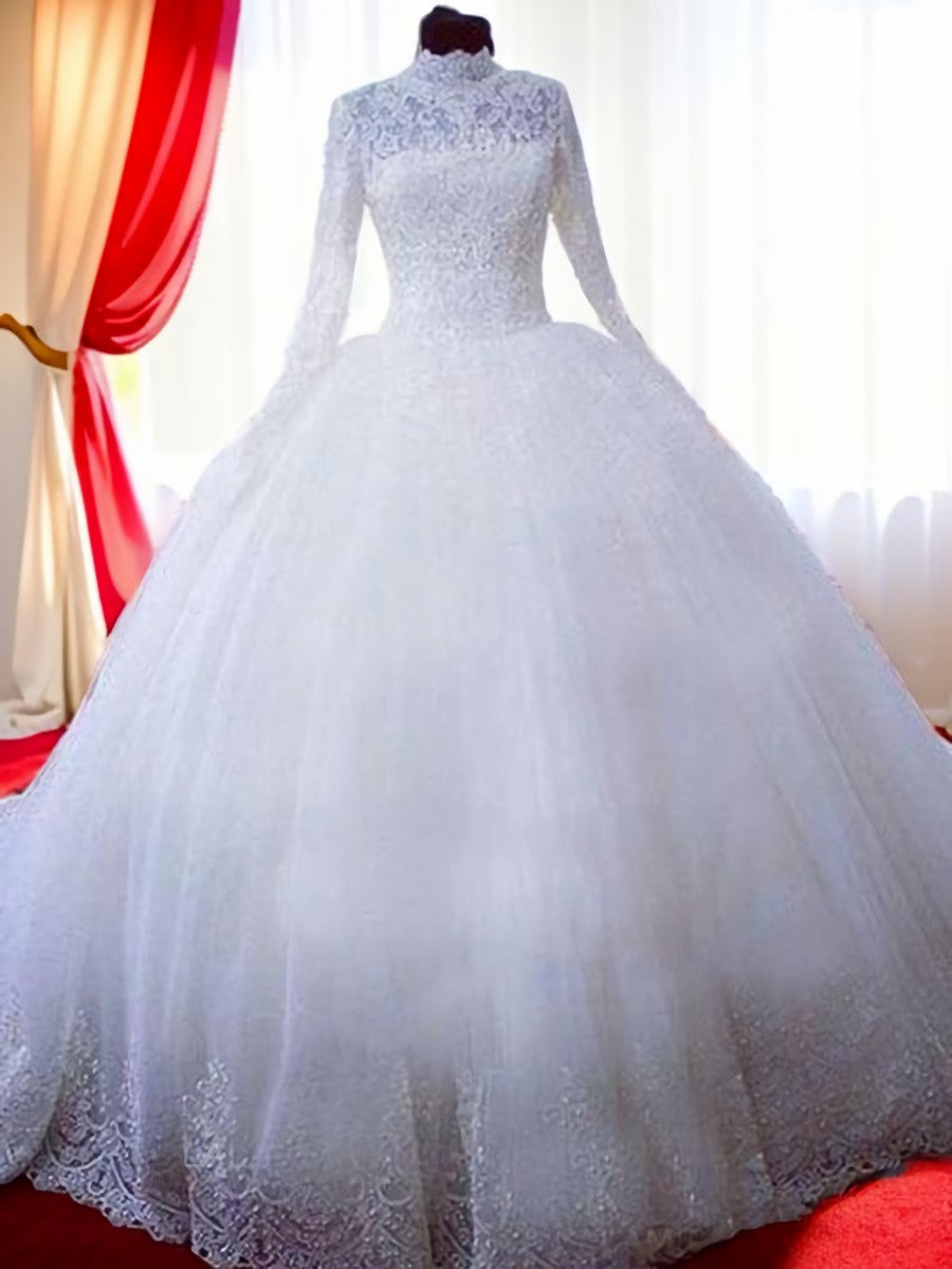Wedding Dress Beach, Ball-Gown High Neck Long Sleeves Lace Chapel Train Tulle Wedding Dress