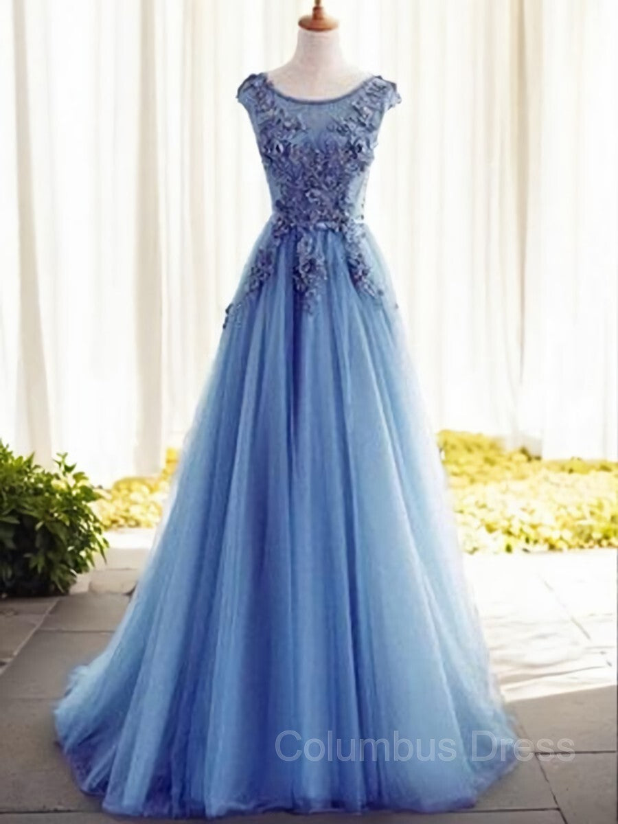 Bridesmaid Dresses Uk, Ball Gown Jewel Sweep Train Tulle Evening Dresses With Appliques Lace