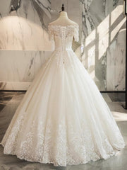 Wedding Dress With Straps, Ball-Gown Off-the-Shoulder 1/2 Sleeves Appliques Lace Floor-Length Tulle Wedding Dress