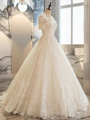 Wedding Dresses For, Ball-Gown Off-the-Shoulder 1/2 Sleeves Appliques Lace Floor-Length Tulle Wedding Dress