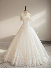 Wedding Dresses Bridesmaid, Ball-Gown Off-the-Shoulder 1/2 Sleeves Appliques Lace Floor-Length Tulle Wedding Dress