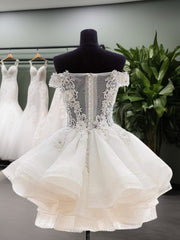 Bridesmaid Dresses Beach Weddings, Ball-Gown Off-the-Shoulder Appliques Lace Short/Mini Organza Dress