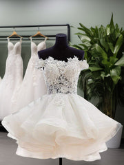 Bridesmaids Dresses Beach Wedding, Ball-Gown Off-the-Shoulder Appliques Lace Short/Mini Organza Dress