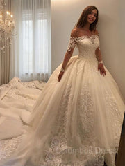 Wedding Dress Hire, Ball Gown Off-the-Shoulder Cathedral Train Tulle Wedding Dresses With Appliques Lace