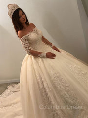 Wedding Dress Color, Ball Gown Off-the-Shoulder Cathedral Train Tulle Wedding Dresses With Appliques Lace