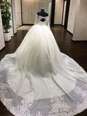 Wedding Dress Colors, Ball Gown Off-the-Shoulder Cathedral Train Tulle Wedding Dresses With Appliques Lace