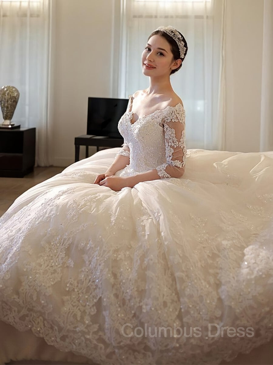 Wedding Dressed Under 1007, Ball Gown Off-the-Shoulder Cathedral Train Tulle Wedding Dresses With Beading