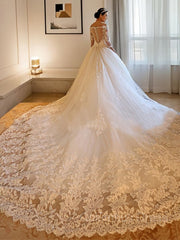 Wedding Dress Winter, Ball Gown Off-the-Shoulder Cathedral Train Tulle Wedding Dresses With Beading