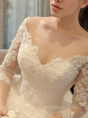 Wedding Dresses Winter, Ball Gown Off-the-Shoulder Cathedral Train Tulle Wedding Dresses With Beading