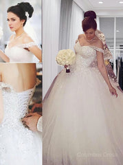 Wed Dress Lace, Ball Gown Off-the-Shoulder Court Train Tulle Wedding Dresses With Appliques Lace