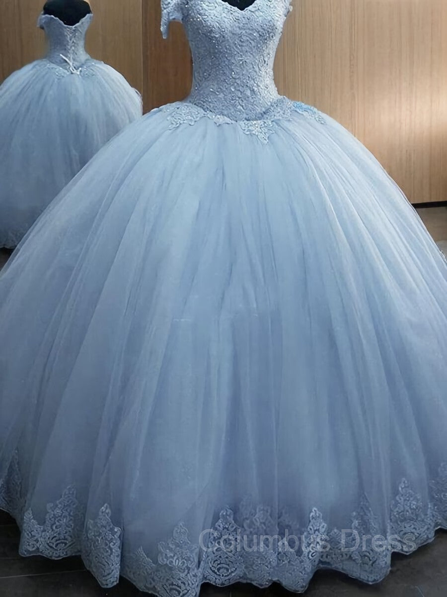 Prom Dresses With Shorts, Ball Gown Off-the-Shoulder Floor-Length Tulle Prom Dresses With Appliques Lace