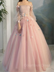 Party Dresses Ladies, Ball Gown Off-the-Shoulder Floor-Length Tulle Prom Dresses With Flower