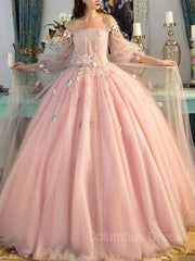 Party Dress Websites, Ball Gown Off-the-Shoulder Floor-Length Tulle Prom Dresses With Flower