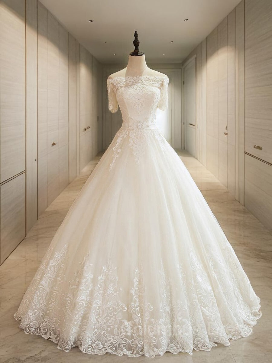 Wedding Dresses Inspo, Ball Gown Off-the-Shoulder Floor-Length Tulle Wedding Dresses With Appliques Lace