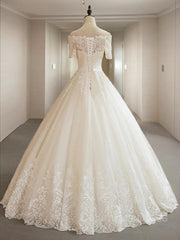 Wedding Dress For, Ball Gown Off-the-Shoulder Floor-Length Tulle Wedding Dresses With Appliques Lace