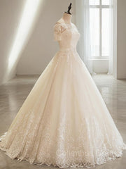 Wedding Dresses Idea, Ball Gown Off-the-Shoulder Floor-Length Tulle Wedding Dresses With Appliques Lace