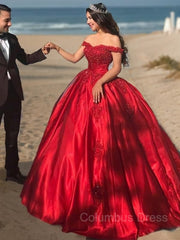 Prom Dresses Ball Gowns, Ball Gown Off-the-Shoulder Sweep Train Satin Prom Dresses With Appliques Lace