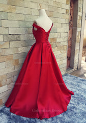 Party Dress Express Photos, Ball Gown Off-The-Shoulder Sweep Train Satin Prom Dresses With Waistband