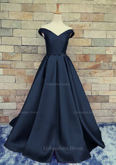 Party Dress Reception Wedding, Ball Gown Off-The-Shoulder Sweep Train Satin Prom Dresses With Waistband