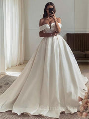Wedding Dress Style, Ball Gown Off-the-Shoulder Sweep Train Satin Wedding Dresses