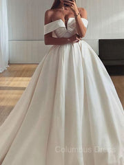 Wedding Dresses Ball Gown, Ball Gown Off-the-Shoulder Sweep Train Satin Wedding Dresses